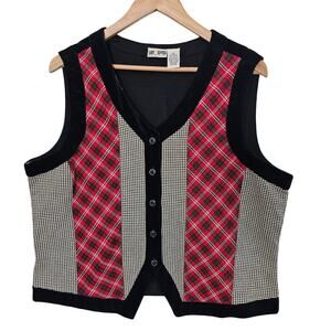 Vintage Velvet Vest Womens XL 90s Black Plaid Patchwork Glam Cottage Whimsygoth